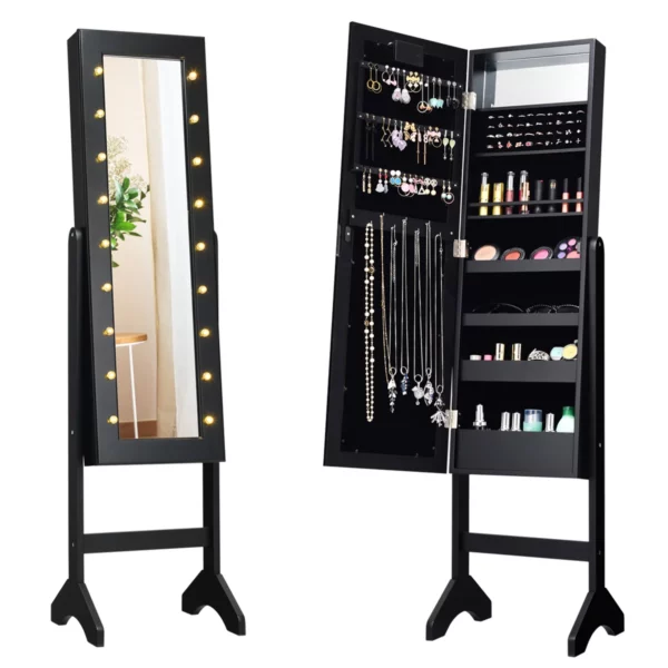 Zrcadlová skříňka na šperky s LED osvětlením, 145 x 35 cm | černá, má 3 řádky na náušnici, 1 zrcadlo, 7 háků, 40 otvorů na prsteny, 16 otvorů na rtěnku, 4 odkládací stojany.