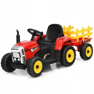 Elektrický traktor s přívěsem | červený, dokáže přinést nejen zábavu při jízdě, ale také přepravit drobné předměty, procvičit odvahu a koordinaci dítěte!
