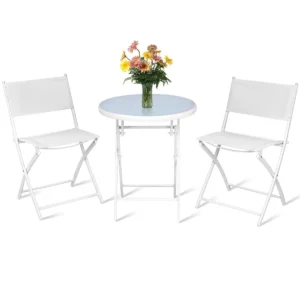 Tento elegantní terasový nábytek, skládací, bílý | 2 židle + stůl se pojí s pohodlím a elegancí, která zapadne do každého domova.