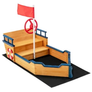 Dětské dřevěné pískoviště, pirátský člun | 156 x 78 cm, je vyrobeno z kvalitního jedlového dřeva s voděodolným nátěrem, s certifikátem ASTM a CSPIA.