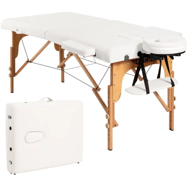 Skládací masážní stůl, nastavitelný | bílý nabízí pohodlí pro terapeuty. Výšku a opěrku hlavy lze nastavit tak, aby vyhovovaly různým potřebám.