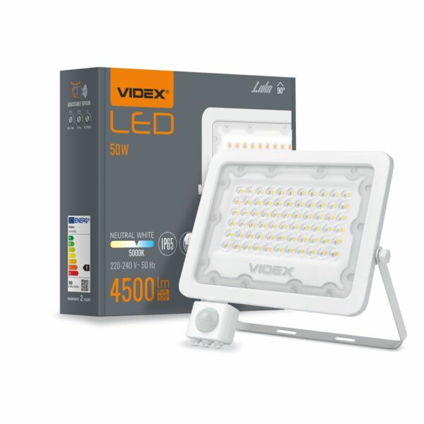 Halogenový LED reflektor se senzorem pohybu, 50W, VIDEX | VLE-F2e-505W-S je světelný zdroj v utěsněném krytu z hliníkové slitiny a polykarbonátovém difuzéru.