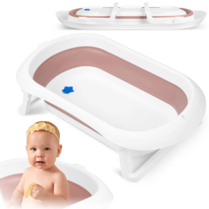 Vanička pro miminka RK-281 | bílo-růžová usnadňuje rodičům manipulaci s dítětem při mytí, poskytuje při něm stabilní oporu, bezpečnost a pohodlí.