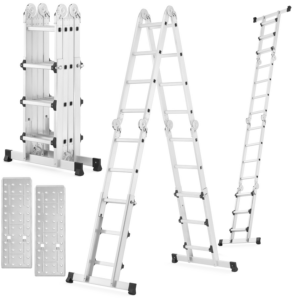 Žebříkové lešení s plošinou, 4x4 | 150 kg lze použít jako pracovní plošinu (včetně ocelové plošiny), samostatně stojící žebřík či opěrný žebřík.