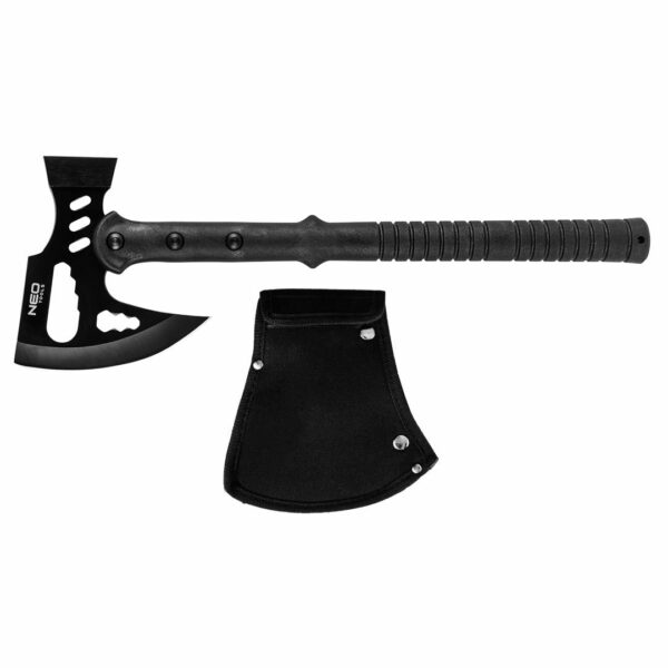 Taktická sekera 3v1, 42 cm, černá | NEO TOOLS je všestranný nástroj, který kombinuje více funkcí, ideální pro nadšence bushcraftu a survivalu.