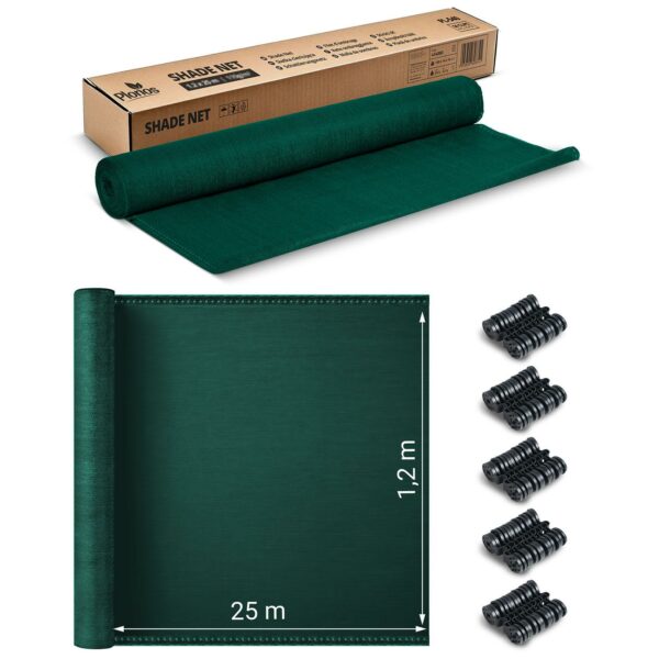Stínící síť + 50 klipů, 110g/m2, 1,2x25m, zelená | Plonos - Image 2