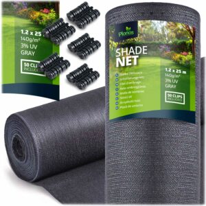 Stínicí síť + 50 klipů, 140g/m2, 1,2x25m, šedá | Plonos vám poskytne spolehlivou ochranu před sluncem, větrem a zvědavými pohledy na zahradě či balkoně.
