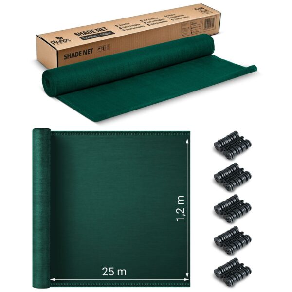 Stínící síť + 50 klipů, 140g/m2, 1,2x25m, zelená | Plonos - Image 2