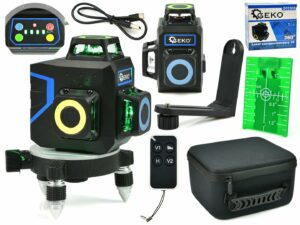 Samonivelační laser, 3D, 360 °, 30m | GEKO s 12 zelenými paprsky nabízí křížové měření ve třech rovinách, ideální pro profesionální i domácí použití.