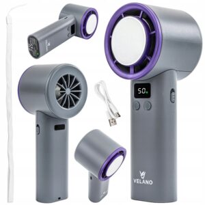 Ruční akumulátorový ventilátor, šedo-fialový | Velano se třemi rychlostmi a praktickým nabíjením přes USB nabízí osvěžení na cestách.