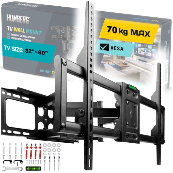 Držák na televizor 32-80″, 70kg | Humberg pevně a bezpečně udrží váš televizor, přičemž umožňuje pohodlné naklánění i otáčení.