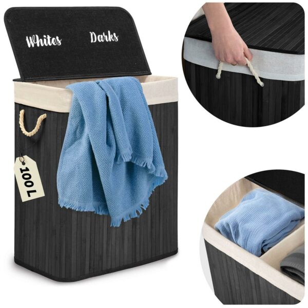 Bambusový koš na prádlo s víkem, 100L, černý | Massido nabízí elegantní řešení pro odkládání špinavého prádla v domácnosti.
