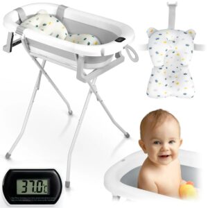 Skládací dětská vanička se stojanem RK-287, bílo-šedá | Ricokids s měkkou podložkou a teploměrem zajišťuje pohodlné a bezpečné koupání.