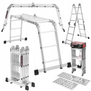 Skládací hlinkový žebřík s plošinou, 4x3, 346cm | KD4070 nabízí stabilní a flexibilní řešení pro různé práce v interiéru i exteriéru.