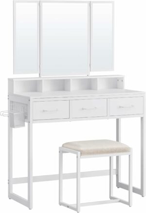 Toaletní stolek s taburetkou a zrcadlem | bílý s úložnými prostory spojuje praktičnost a elegantní design pro každodenní líčení a úpravu vzhledu.