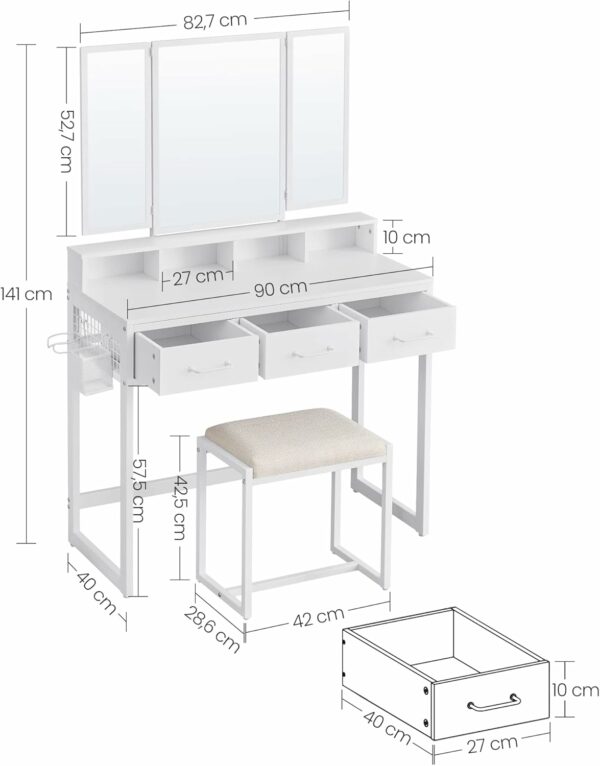 Toaletní stolek s taburetkou a zrcadlem | bílý - Image 2