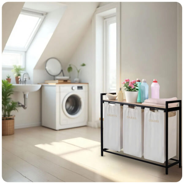 Tříkomorový prádelní koš s rámem, 120L, bílý | Massido - Image 12