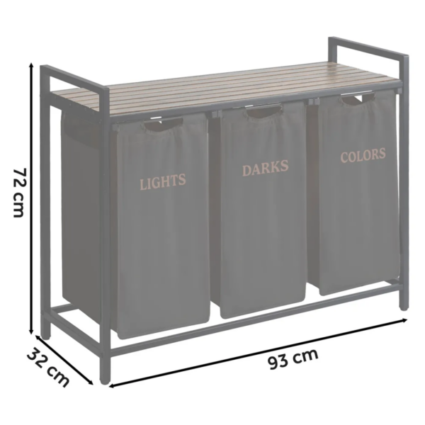 Tříkomorový prádelní koš s rámem, 120L, černý | Massido - Image 2