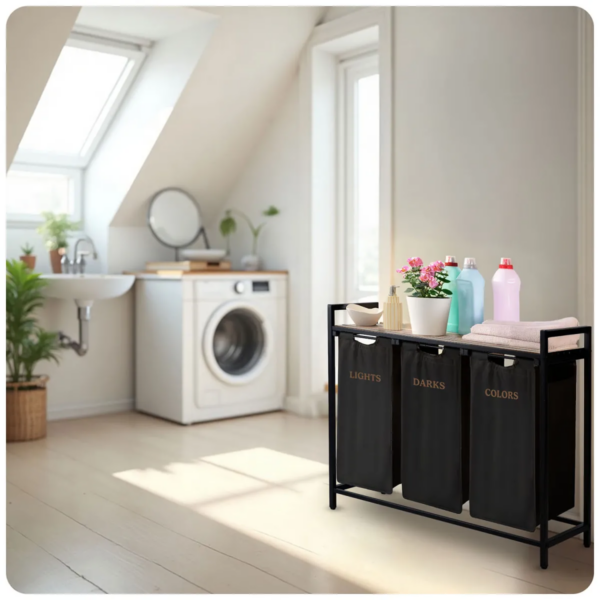 Tříkomorový prádelní koš s rámem, 120L, černý | Massido - Image 10