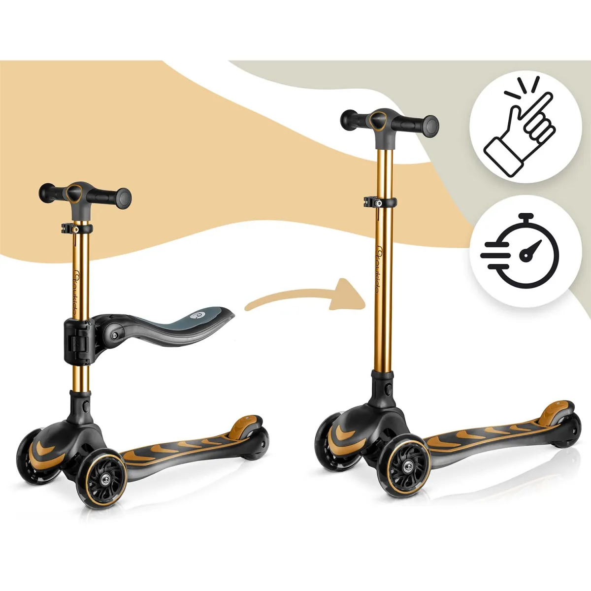 Tříkolová koloběžka, zlatá | Nukido Flippo - Image 7